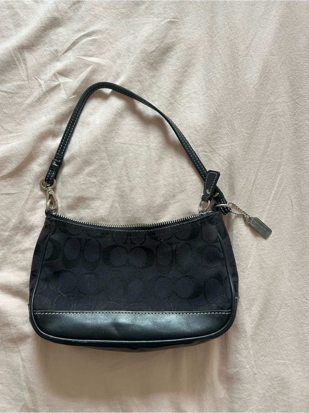 Coach Black Signature Jacquard Mini Shoulder Bag with Leather Trim